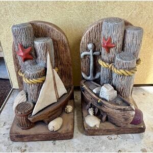 Vintage Steinmaster Heavy Plaster Chalk Nautical Book Ends Ships Piers 8" x 5"